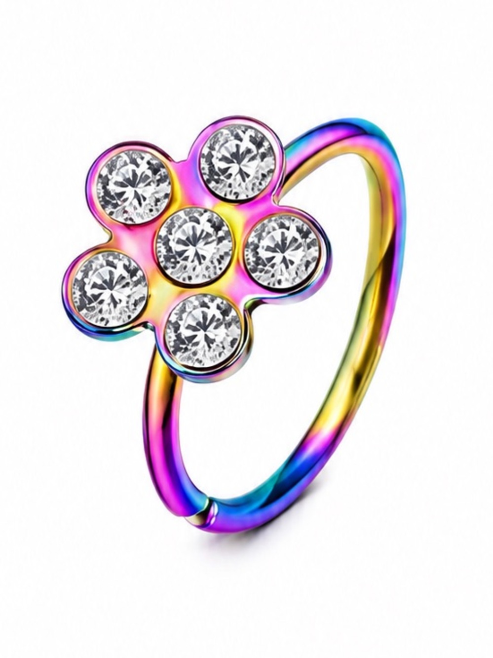 Rainbow CZ Flower Fixed Hoop Nose Ring | Floral Nose Hoop | Stainless Steel
